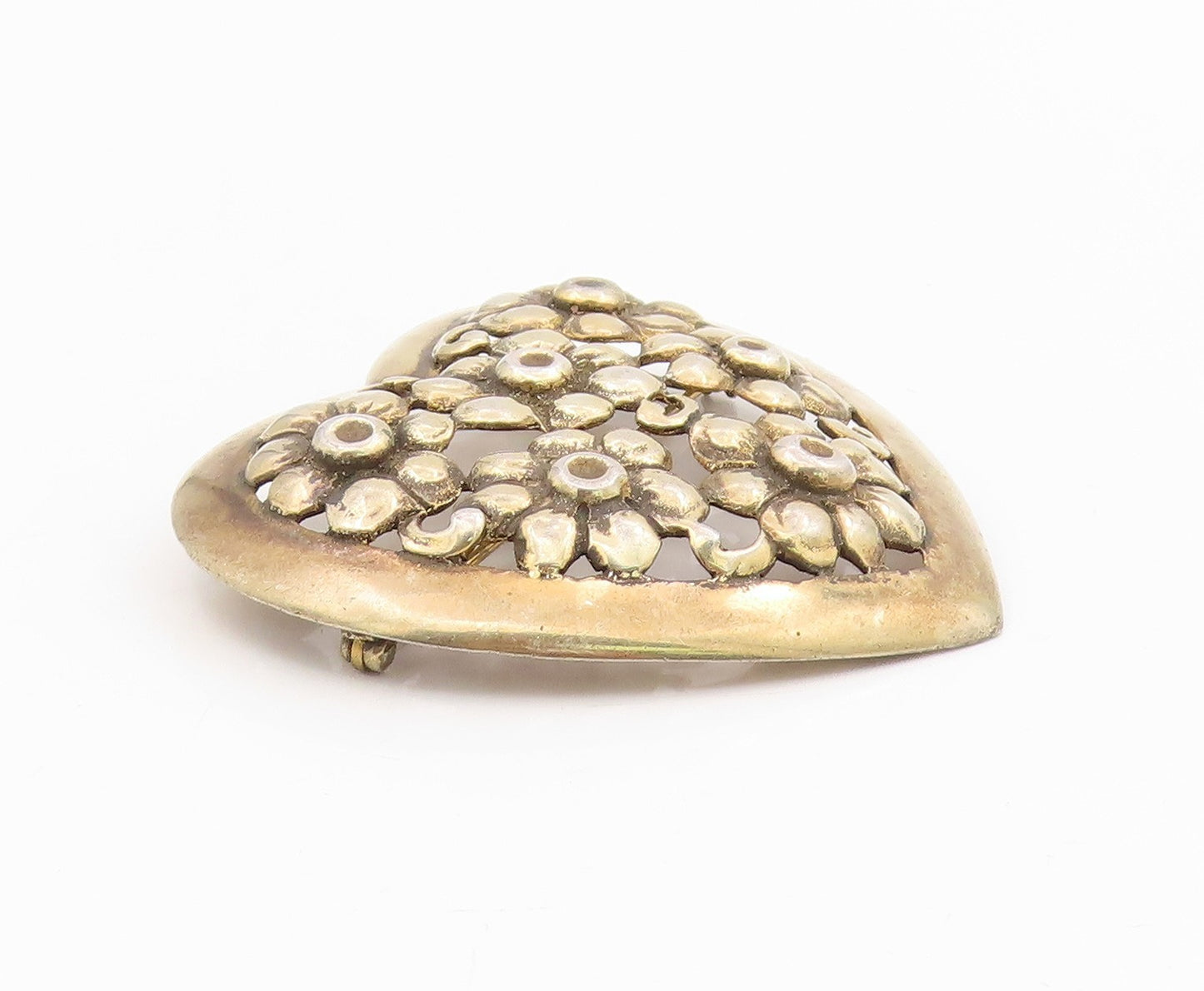 925 Sterling Silver Vintage Brooch Openwork Daisy Floral Love Heart Pin  BP12148