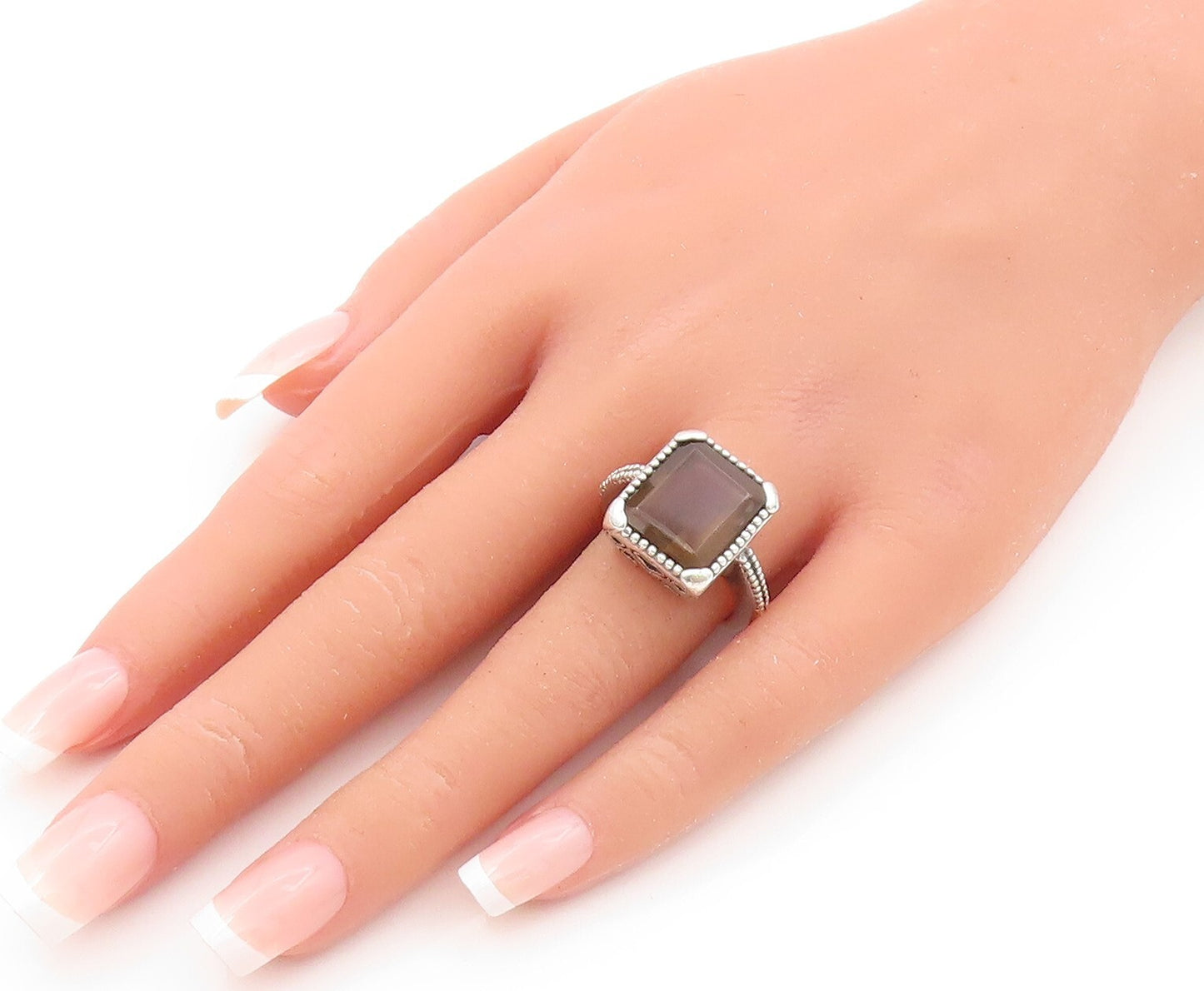 925 Sterling Silver Vintage Ring Rectangle Smoky Quarts Heart Cut  Sz 5  RG31810
