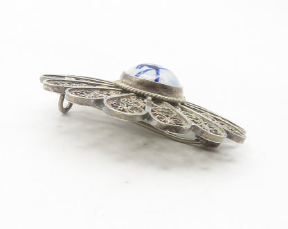 925 Silver  Vintage Antique Enamel Windmill Filigree Floral Brooch Pin  BP4375