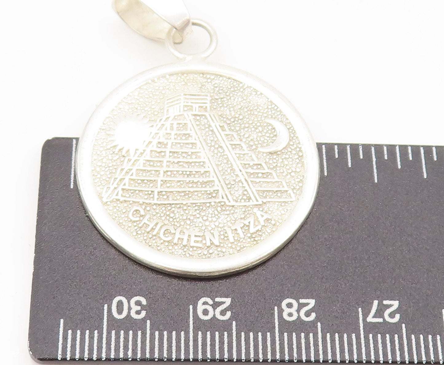 MEXICO 925 Silver  Vintage Calendar Pyramid Carved Sun Moon Pendant  PT22370