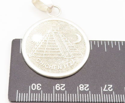 MEXICO 925 Silver  Vintage Calendar Pyramid Carved Sun Moon Pendant  PT22370
