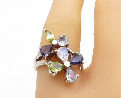 925 Sterling Silver  Moonstone Peridot & Topaz Floral Cluster Ring Sz 8 RG6026