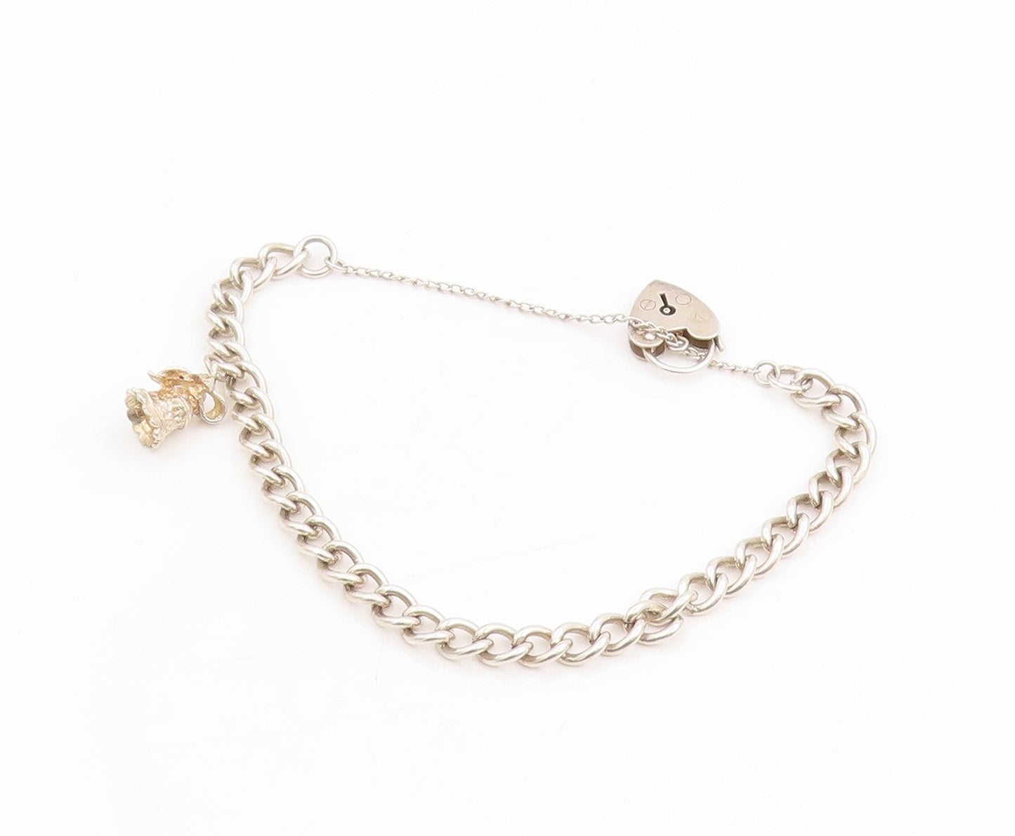 925 Sterling Silver Vintage Bracelet ENGLAND Heart Padlock & Bell Charm  BT11444