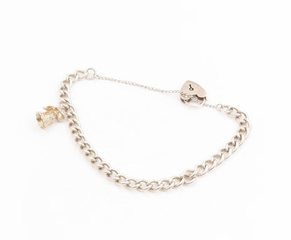 925 Sterling Silver Vintage Bracelet ENGLAND Heart Padlock & Bell Charm  BT11444