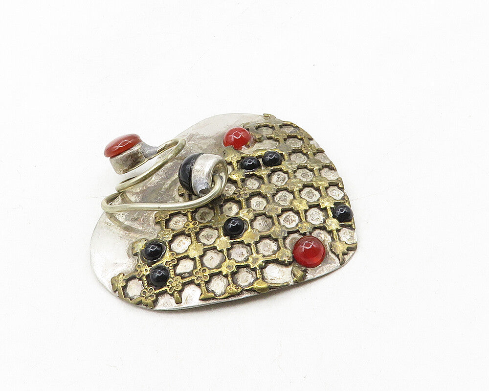 925 Sterling Silver  Vintage Black Onyx & Carnelian Heart Brooch Pin  BP4078