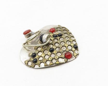 925 Sterling Silver  Vintage Black Onyx & Carnelian Heart Brooch Pin  BP4078