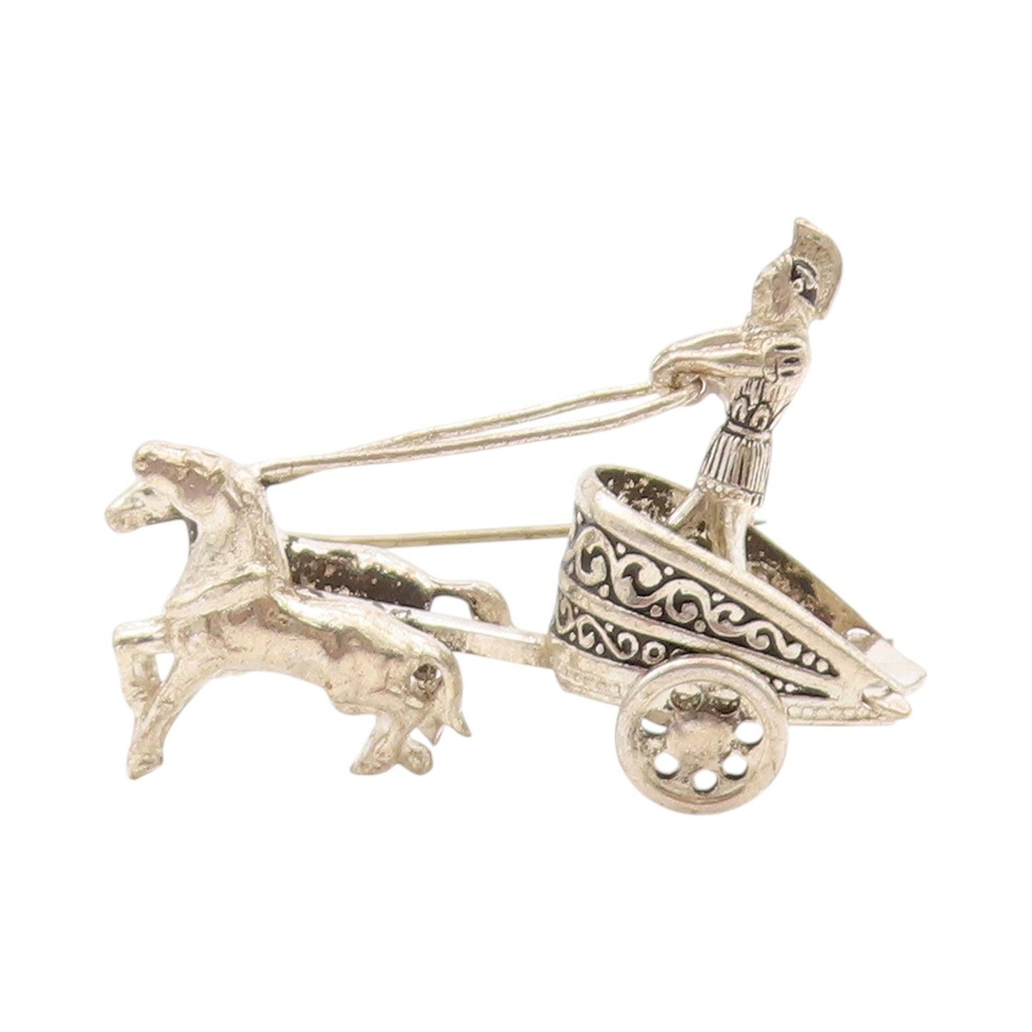 925 Sterling Silver Vintage Brooch Antique 3D Cut Royal Chariot  BP11684