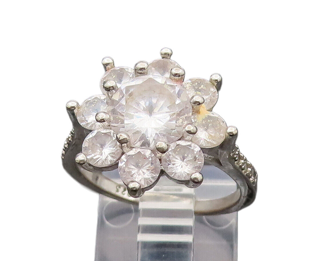 925 Silver  Vintage Fancy Cubic Zirconia Flower Fashion Ring Sz 7.25  RG26337