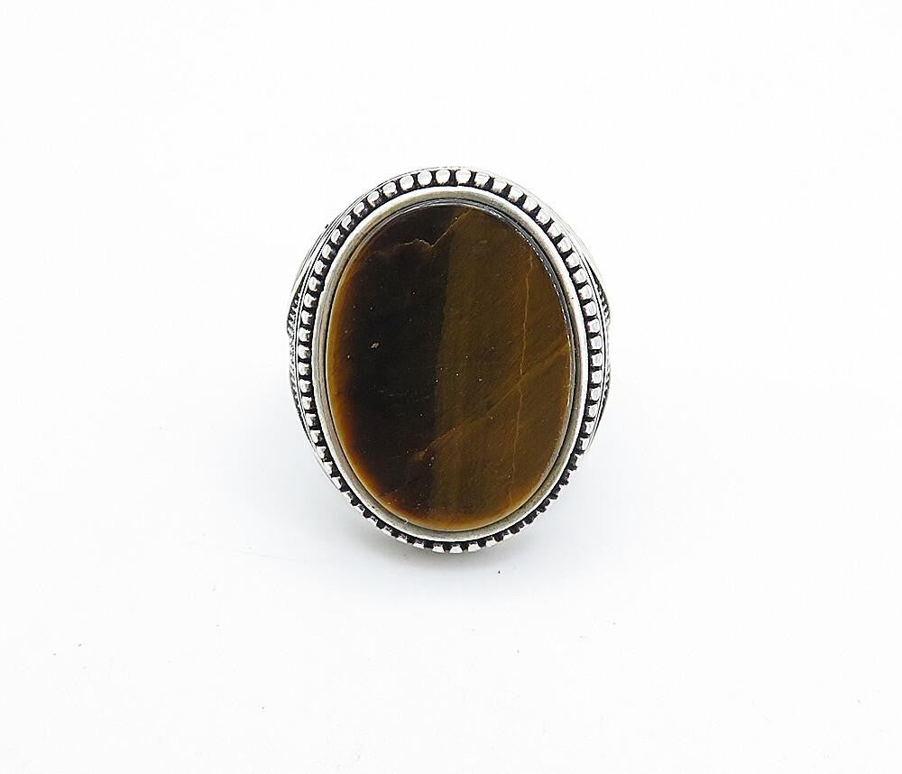 925 Sterling Silver  Vintage Inlaid Tiger's Eye Cocktail Ring Sz 10  RG7363