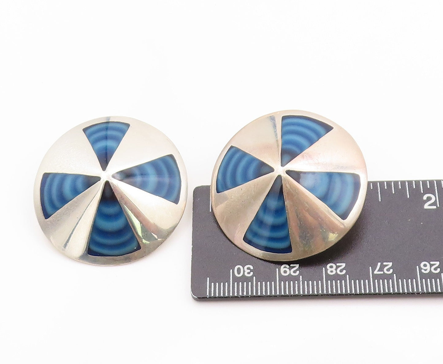 925 Sterling Silver Vintage Earrings MEXICO Designer Gemstone Fan Disk  EG13579