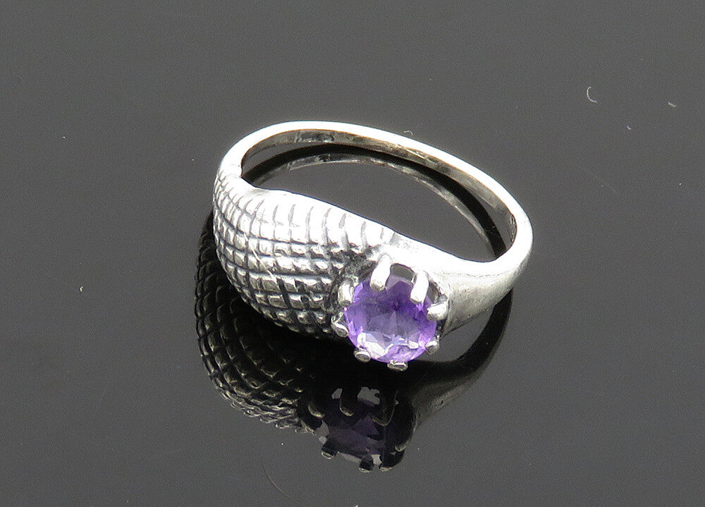 925 Sterling Silver  Vintage Amethyst Etched Detail Band Ring Sz 5  RG20427