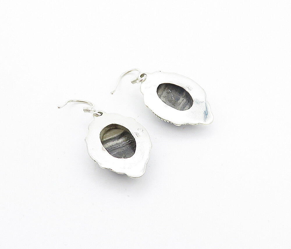 925 Sterling Silver  Vintage Cabochon Cut Grey Agate Dangle Earrings  EG3168