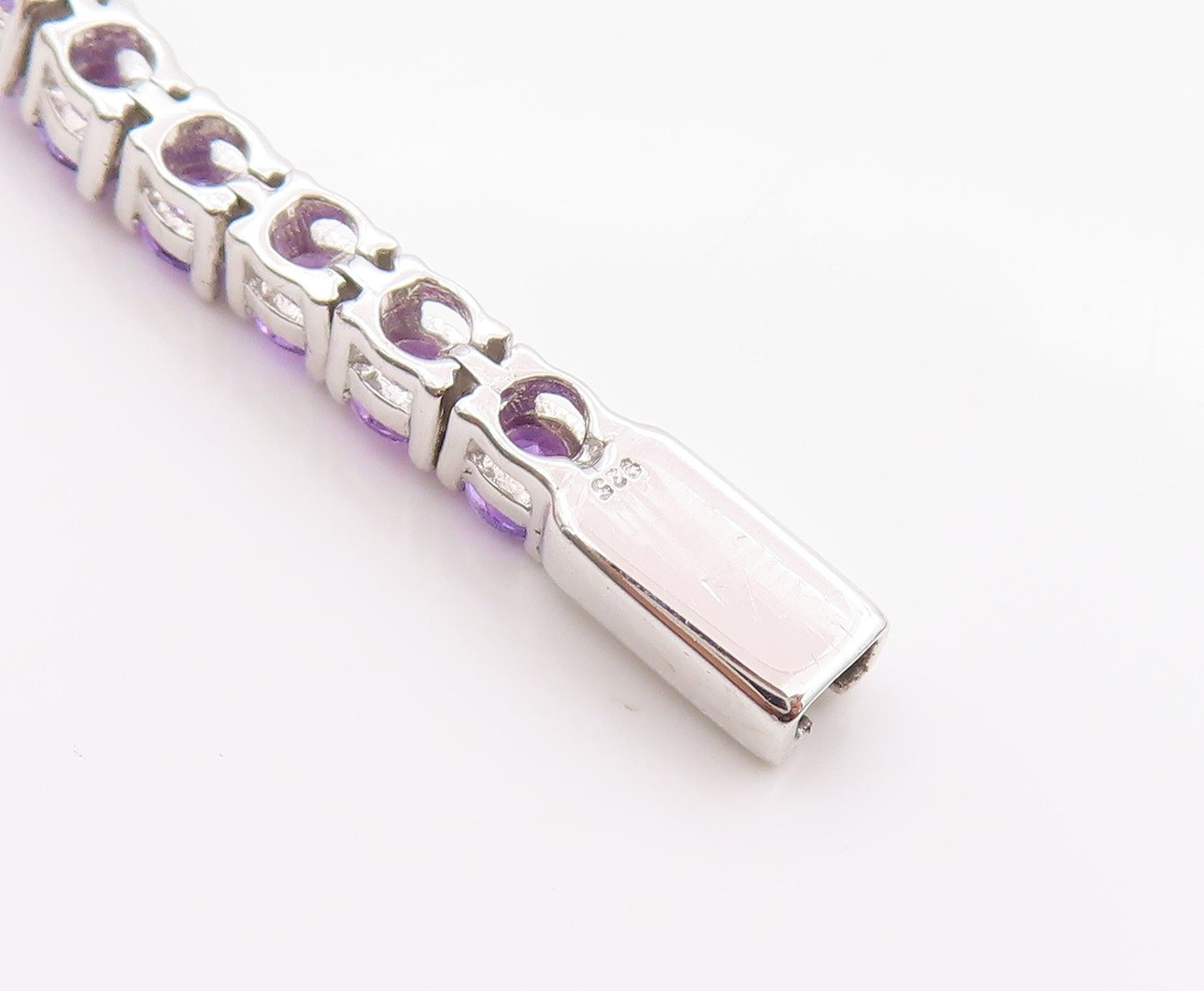 925 Sterling Silver Vintage Bracelet Modernist Amethyst Chain Inlay Cuff BT11351