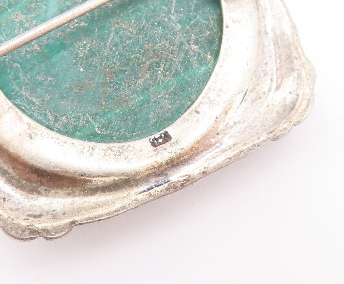 925 Sterling Silver Vintage Brooch Pin Round Malachite Carved Frame  BP10862