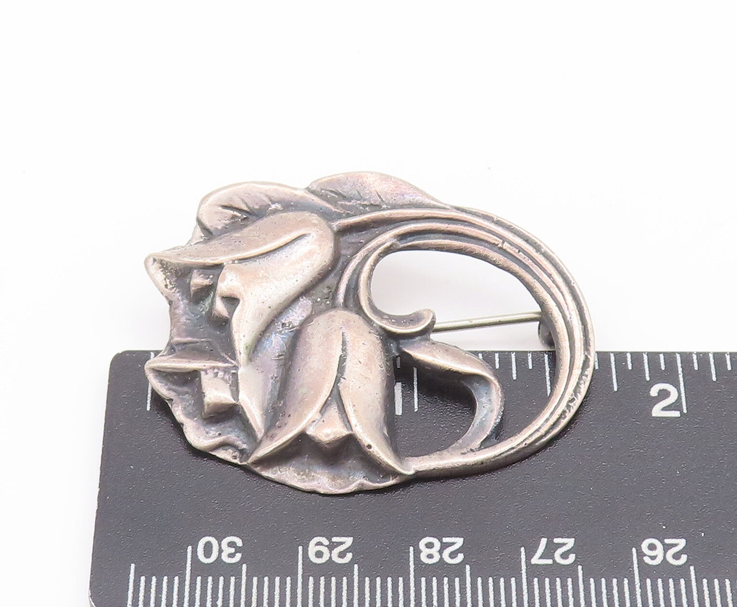 925 Sterling Silver Vintage Brooch Pin Antique Swirly Carved Lilies  BP10660