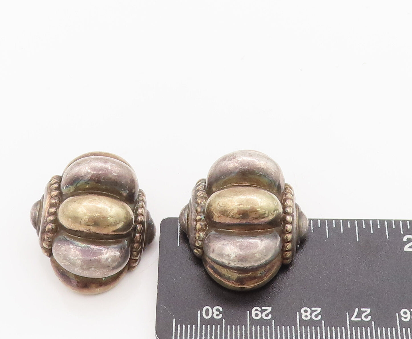 925 Sterling Silver Vintage Earrings Large Solid Puffed Beaded Carved  EG13045