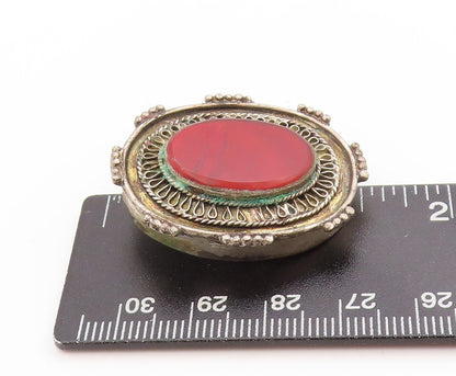 925 Sterling Silver Vintage Brooch Cabochon Red Carnelian Statement Pin  BP11874