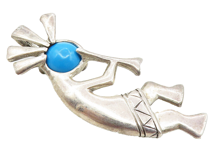 925 Sterling Silver  Vintage Turquoise Shiny Kokopelli Dancer Pendant  PT7433