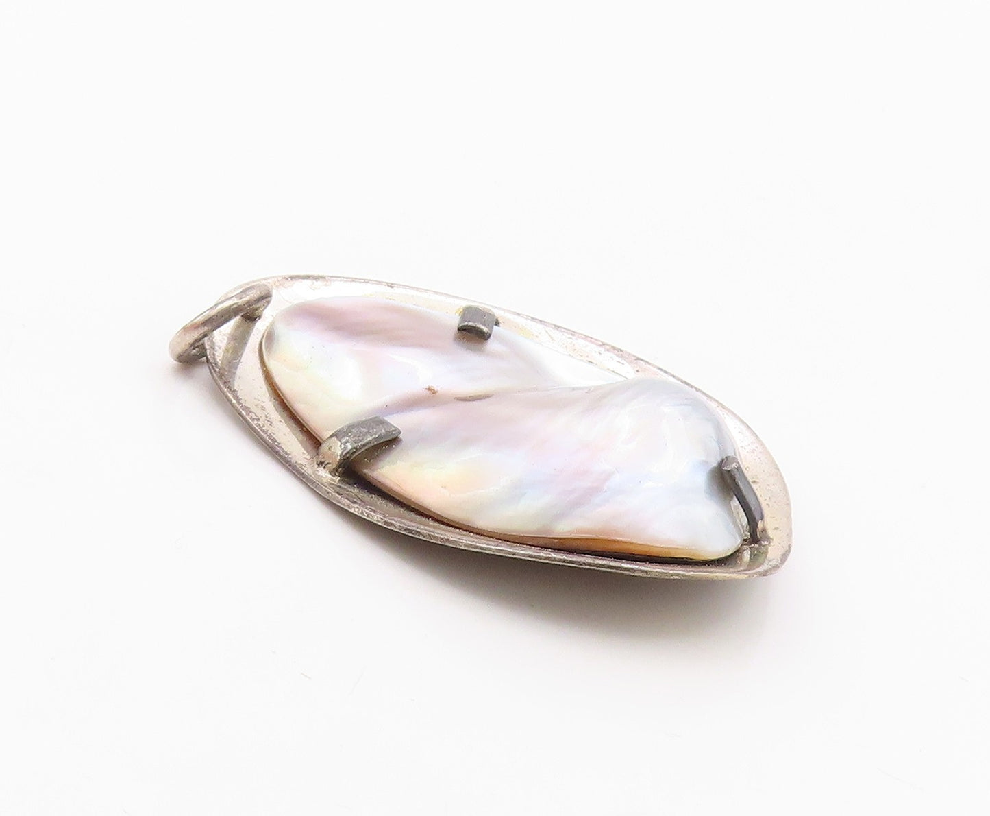 EUROPEAN 925 Silver  Vintage Shiny Mother Of Pearl Modernist Pendant  PT16705