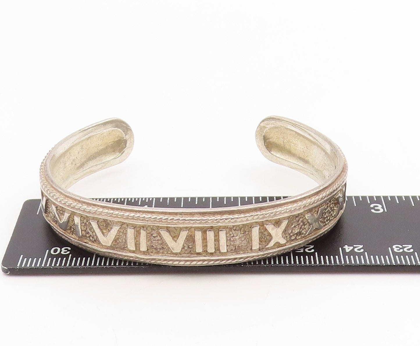 925 Sterling Silver Vintage Bracelet Bold Roman Numerals Rope Edge Cuff  BT11564