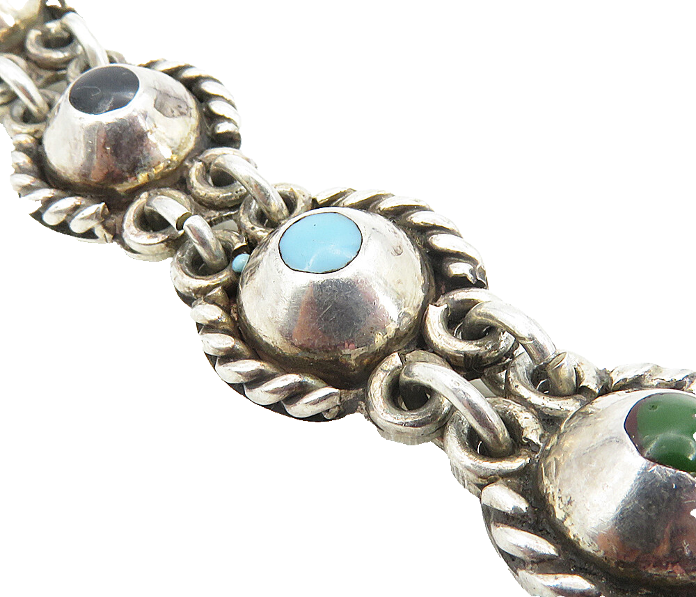 MEXICO 925 Silver  Vintage Turquoise Onyx & Jasper Chain Bracelet  BT3954