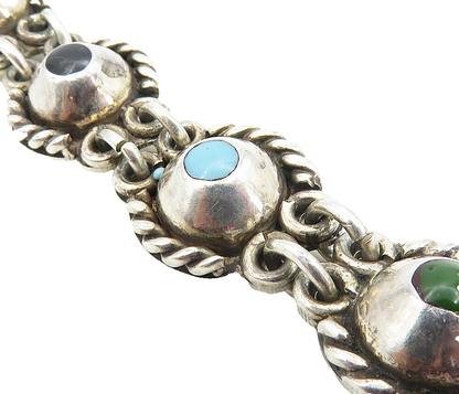 MEXICO 925 Silver  Vintage Turquoise Onyx & Jasper Chain Bracelet  BT3954