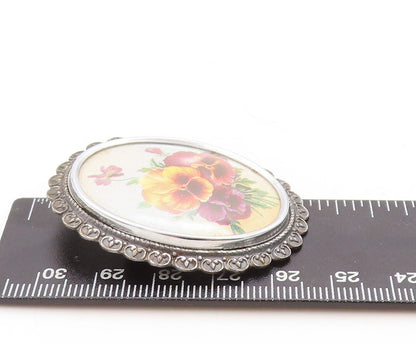 925 Sterling Silver Vintage Brooch Pin ENGLAND Flowers Enameled Carved BP11330