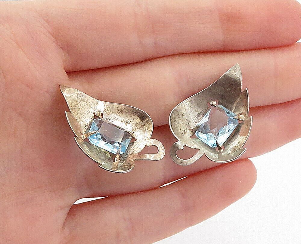925 Sterling Silver  Vintage Blue Topaz Floral Leaf Non Pierce Earrings EG2857