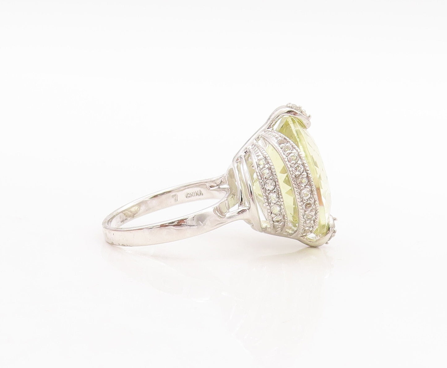 925 Sterling Silver Vintage Ring Large Round Cut Lime Quartz Topaz Sz 7  RG29358