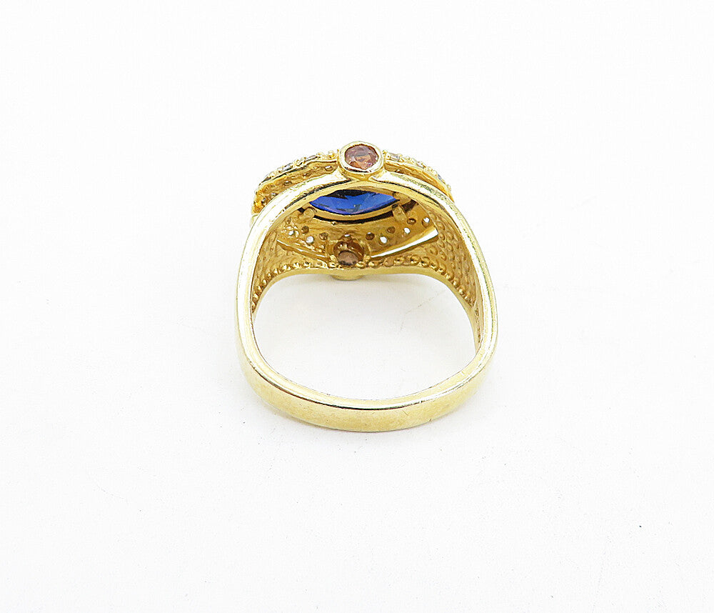 925 Silver  Blue & White Topaz Shiny Gold Plated Cocktail Ring Sz 8.5  RG4730
