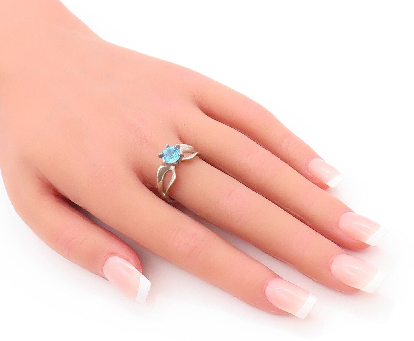 925 Sterling Silver Vintage Ring Designer Cutout Round Cut Blue CZ Sz 8 RG28190