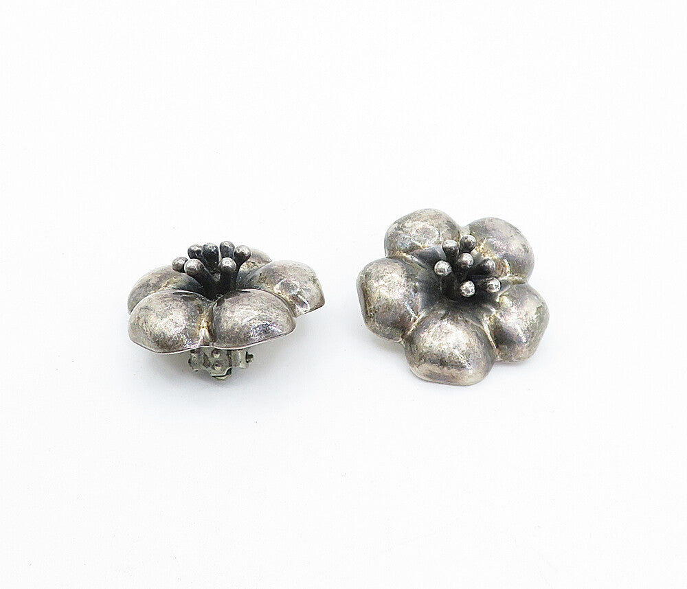 MEXICO 925 Silver  Vintage Dark Tone Flower Motif Non Pierce Earrings  EG2230