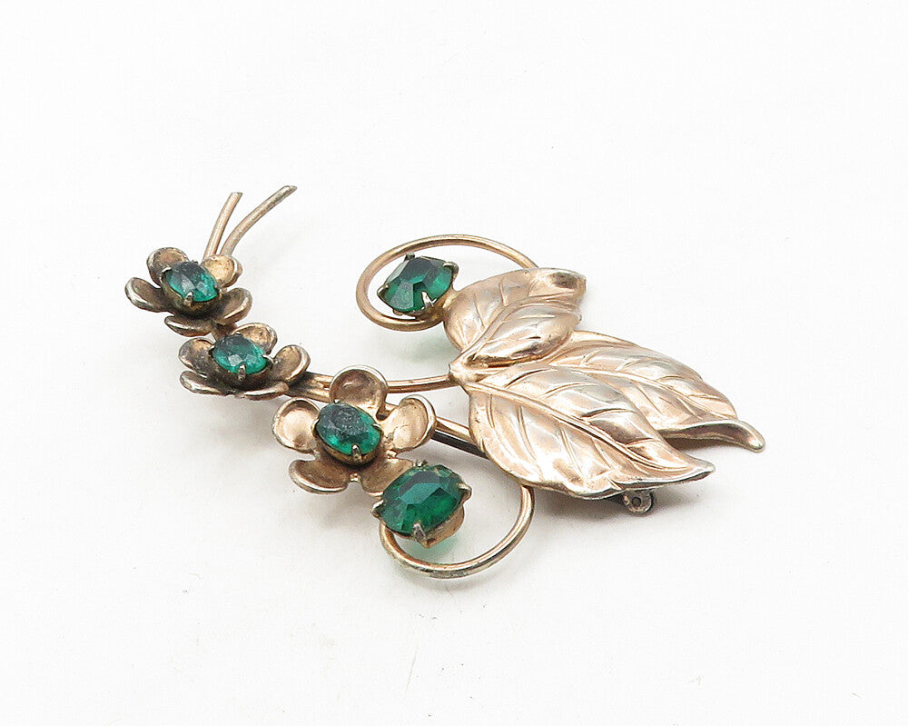 925 Sterling Silver  Vintage Green Topaz Copper Tone Floral Brooch Pin  BP3957
