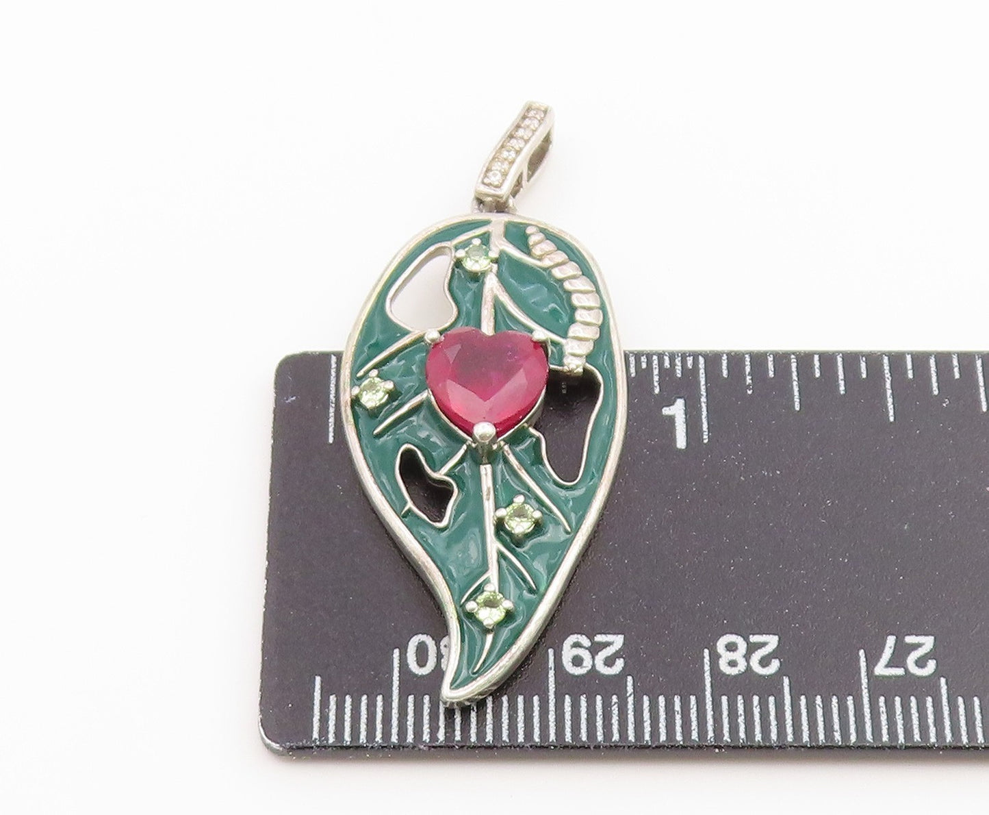 925 Sterling Silver Vintage Pendant Heart Ruby Enamel Leaf Cutout Charm  PT26561