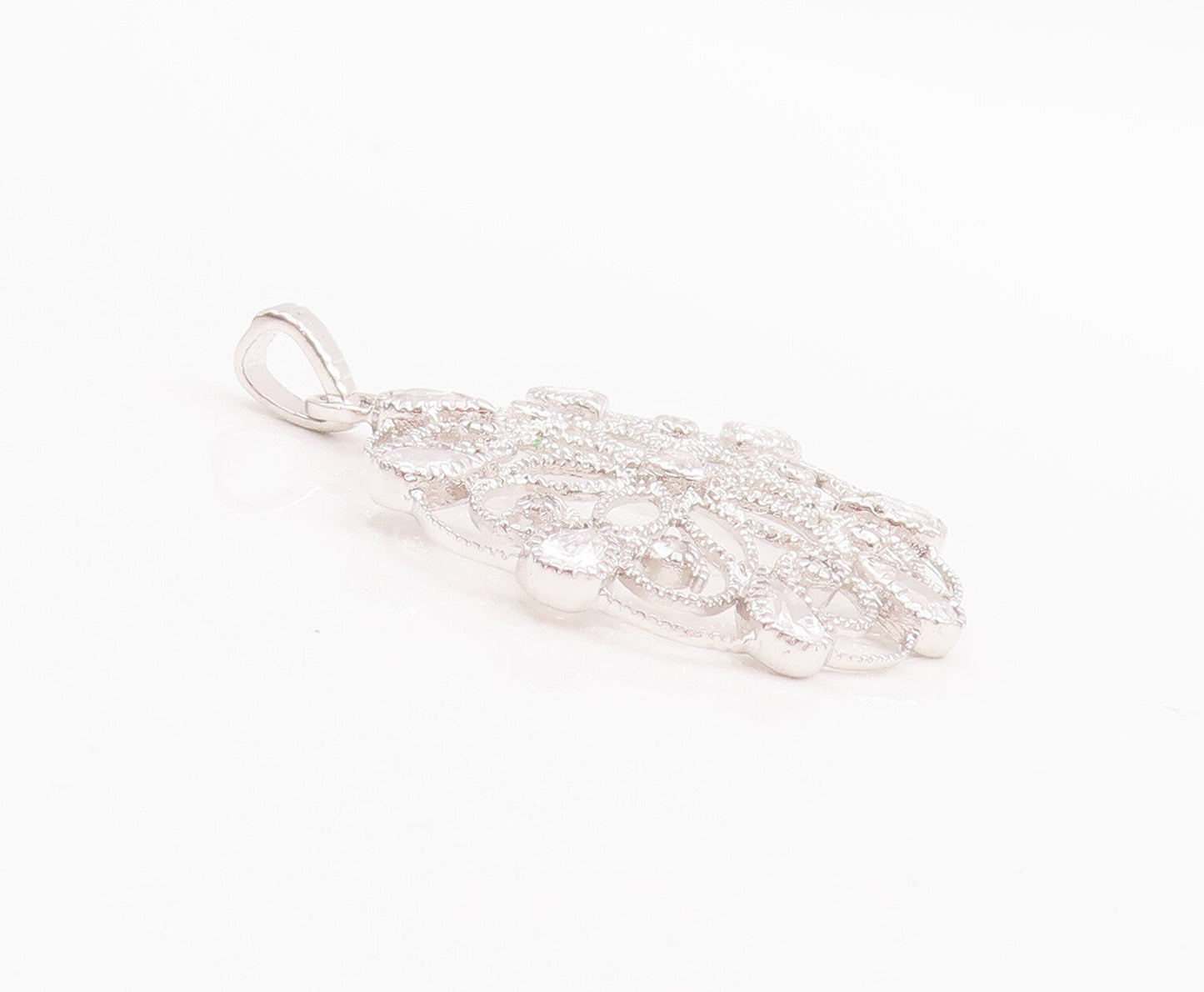925 Sterling Silver Vintage Pendant Swirly Cutout Drop Cut CZ Flower  PT22843