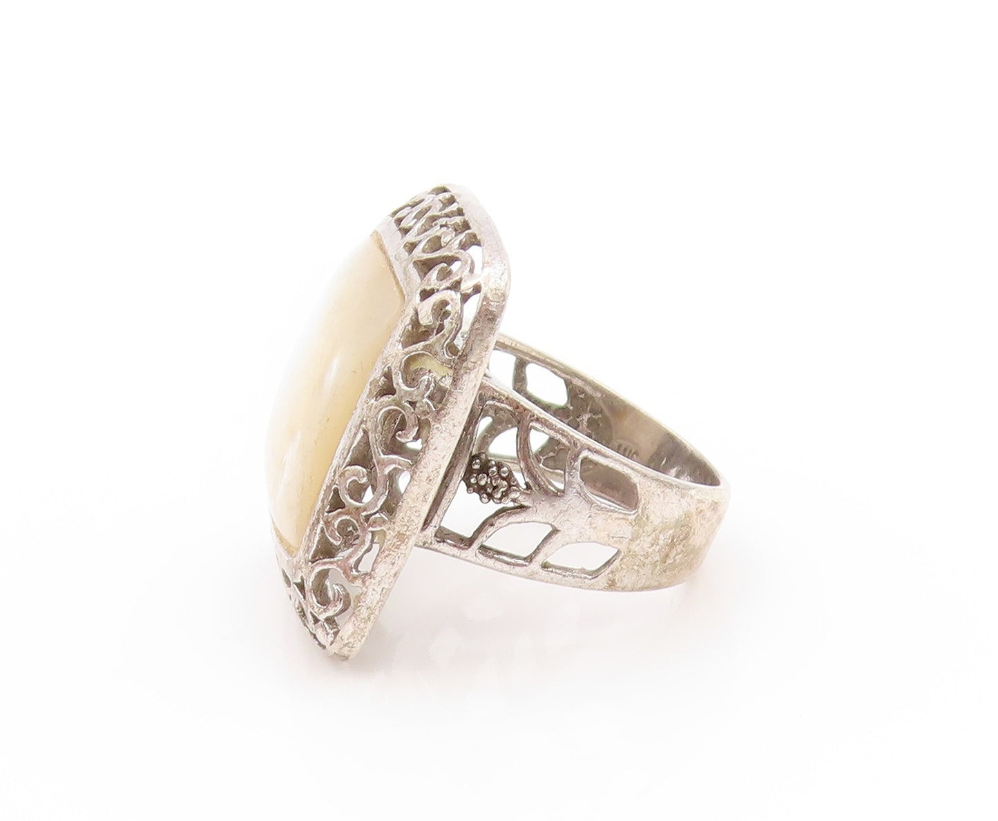925 Sterling Silver Vintage Ring Amorphas Square Mother Of Pearls  Sz 7  RG32795