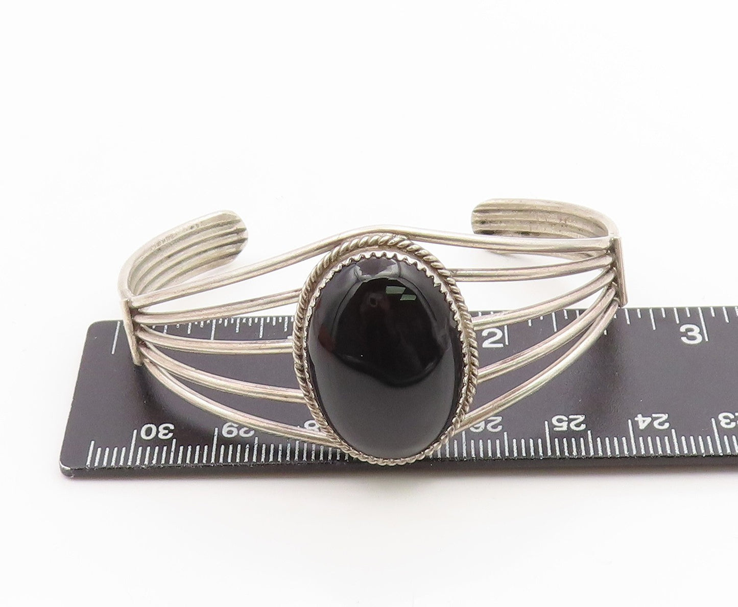 925 Sterling Silver Vintage Bracelet NAVAJO Cabochon Black Onyx Cuff  BT12001