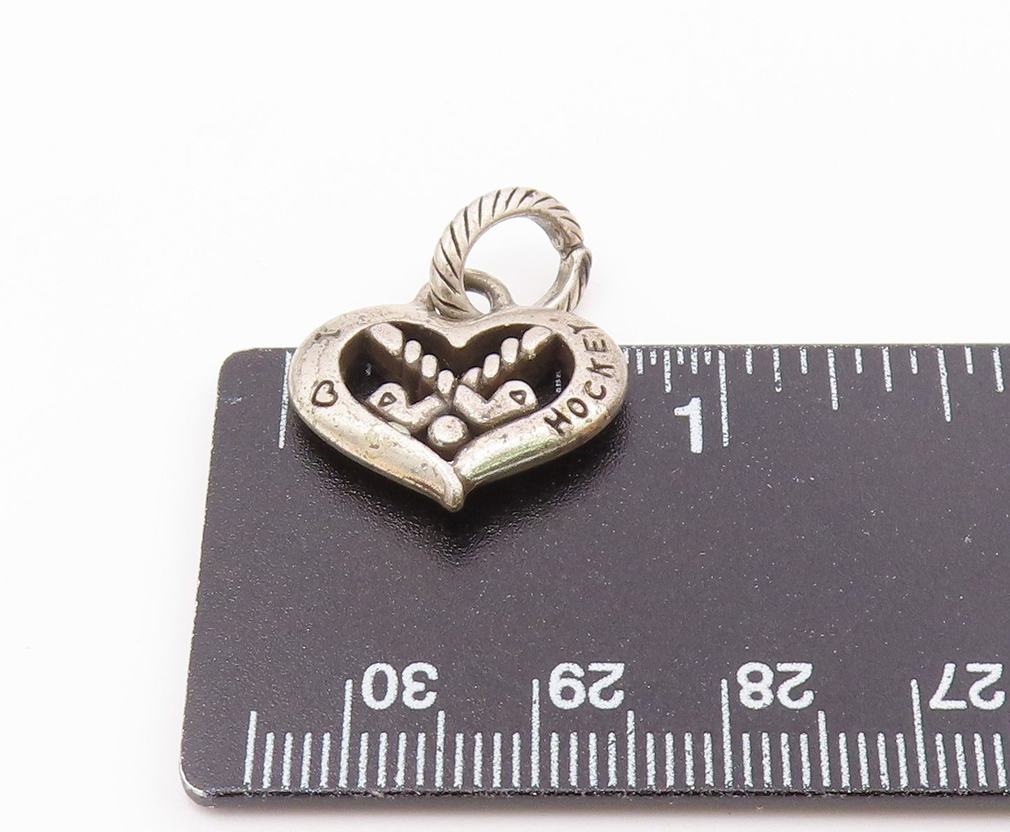 925 Sterling Silver  Vintage I Love Hockey Heart Sports Motif Pendant  PT19454