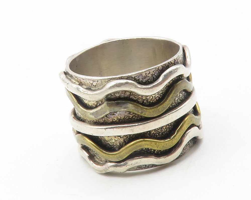 925 Sterling Silver  Vintage 2 Tone Wavy Stacked Design Band Ring Sz 7 RG11868