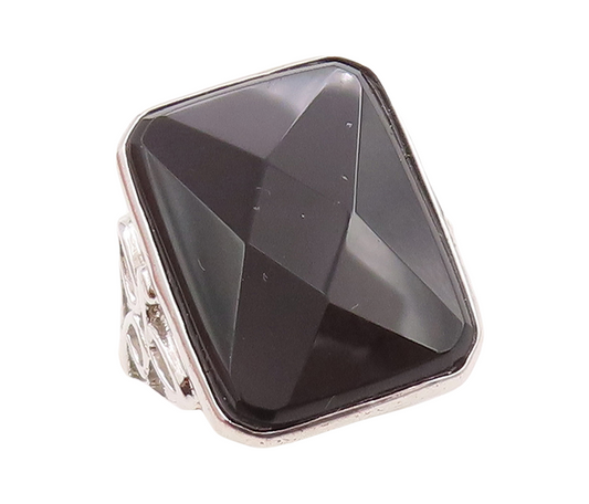 925 Sterling Silver Vintage Ring Rectangle Onyx Carved Neck  Sz 6  RG29540