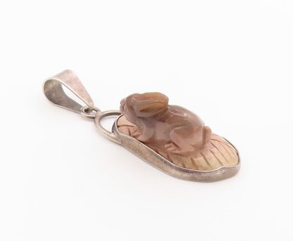 925 Sterling Silver Vintage Pendant OBSIDIAN Jasper Carved Rabbit  PT26371