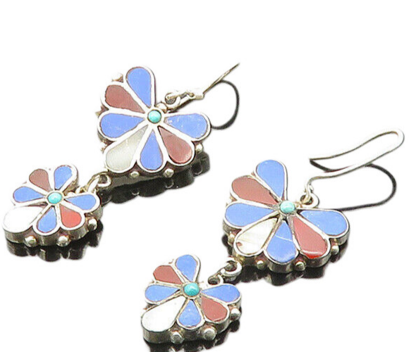 925 Silver Vintage Mother Of Pearl & Multi Stone Dangle Earrings EG10762