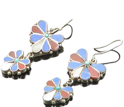 925 Silver Vintage Mother Of Pearl & Multi Stone Dangle Earrings EG10762