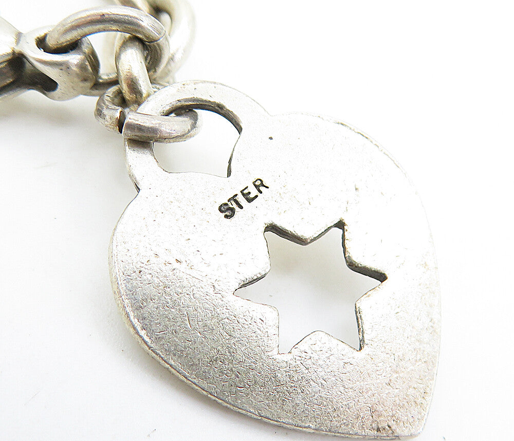 925 Sterling Silver  Vintage Star Cutout Heart Charmed Chain Bracelet  BT2857