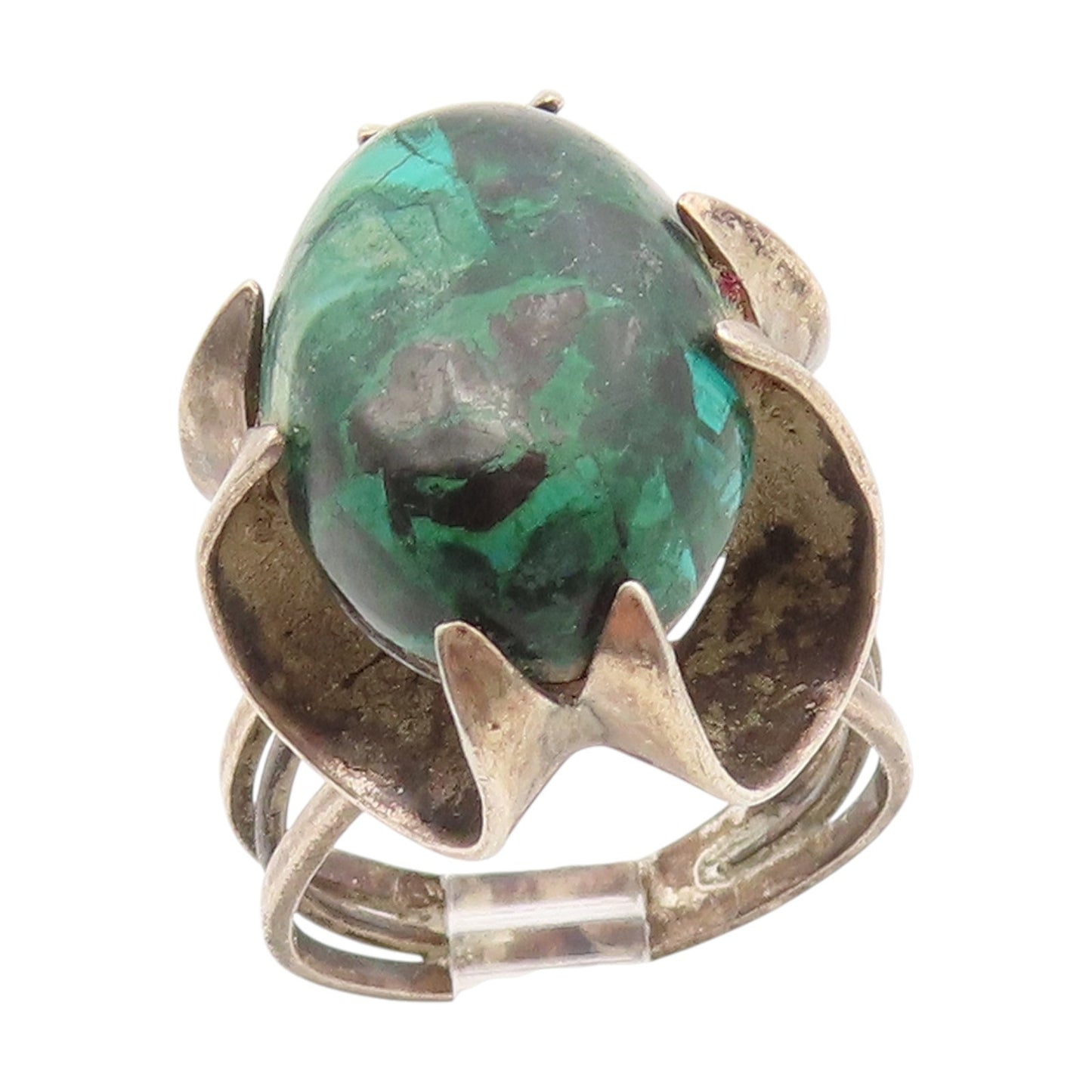 925 Sterling Silver Vintage Ring Cabochon Malachite Floral Band  Sz 7.5  RG34532