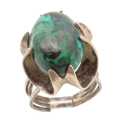 925 Sterling Silver Vintage Ring Cabochon Malachite Floral Band  Sz 7.5  RG34532