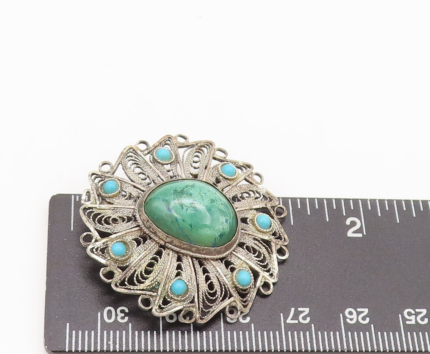 ISRAEL 925 Silver  Vintage Antique Filigree Turquoise Brooch Pin  BP10308