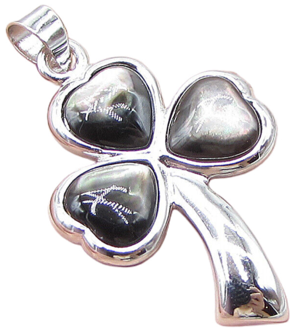 925 Sterling Silver  Mother of Pearl Love Heart Clover Drop Pendant  PT1376