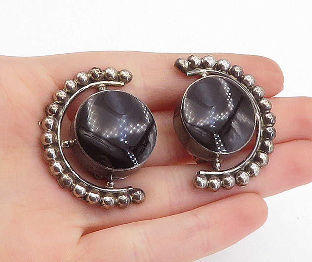 MEXICO 925 Sterling Silver Vintage Black Onyx Non Pierce Earrings EG2173