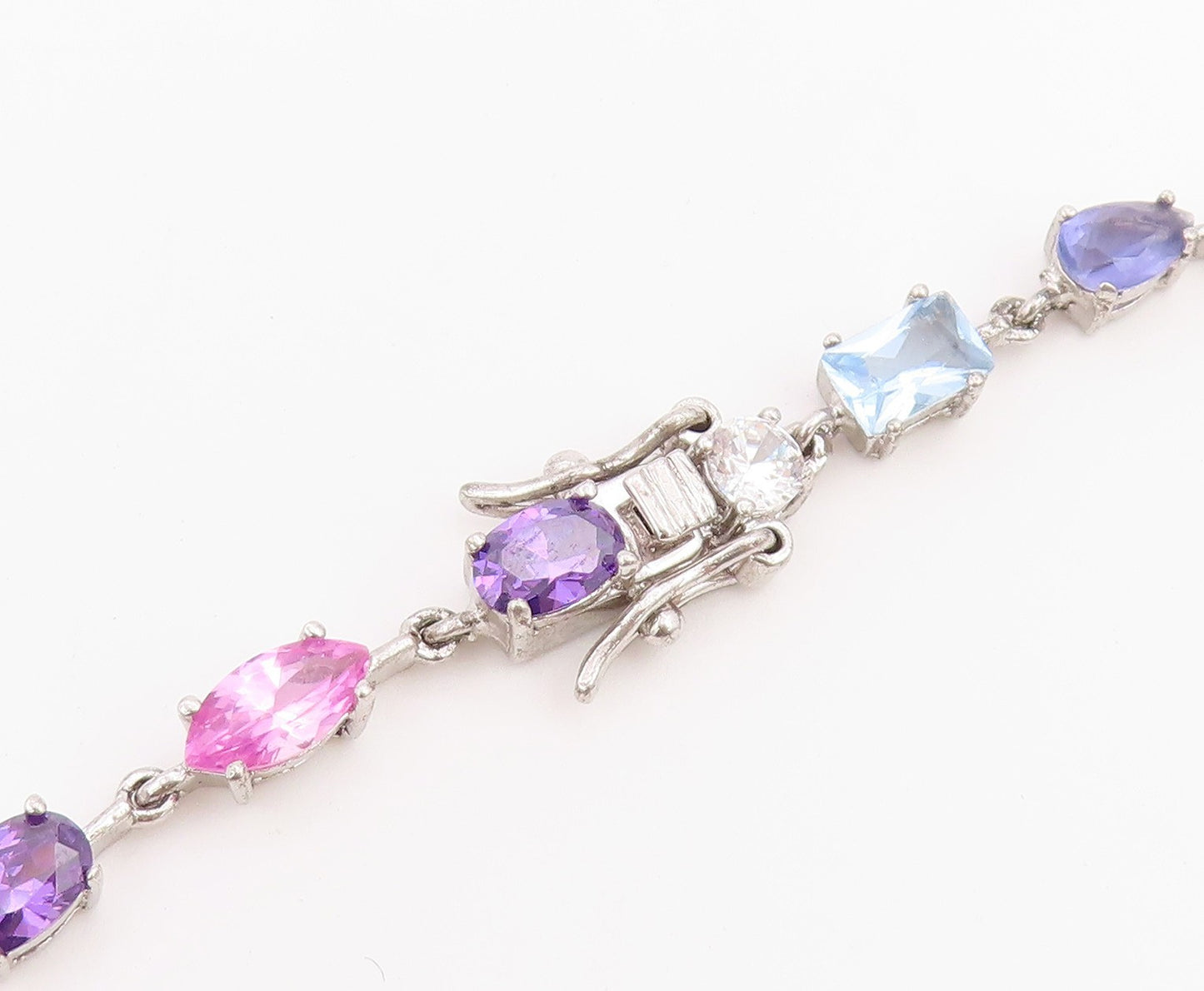 925 Sterling Silver Vintage Necklace Multi Gemstone Tennis Link Chain  NE4899